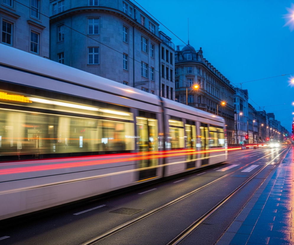 Biały tramwaj z rozmazanymi od ruchu światłami w oknach przemieszcza się po torach, tworząc na jezdni smugi czerwonych świateł pozycyjnych. Ulica jest mokra, odbijając neonowe światła latarni i witryn sklepów, które mają głównie pomarańczowe i niebieskie barwy. Po prawej stronie widać budynki o różnorodnej architekturze z wieloma oknami, a w tle rozciąga się miejski krajobraz pod ciemniejącym niebieskim niebem.