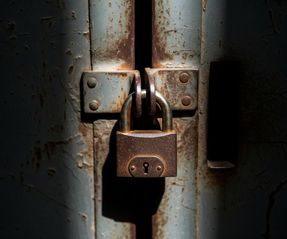 Centralnie umieszczona, zardzewiała kłódka z mosiężnym pałąkiem zabezpiecza dwie metalowe zasuwy, przymocowane do zniszczonych, szarych drzwi. Powierzchnia drzwi pokryta jest licznymi ogniskami rdzy i łuszczącą się farbą, tworzącą nieregularne wzory i pęknięcia. Na kłódce widoczny jest otwór na klucz, a całość jest częściowo oświetlona silnym, bocznym światłem, które rzuca wyraźny cień na dolną część kłódki i drzwi, pogrążając boki obrazu w ciemności.
