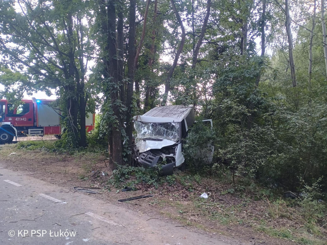 Bus rozbił się na drzewie. Wielu poszkodowanych, śmigłowiec LPR w akcji