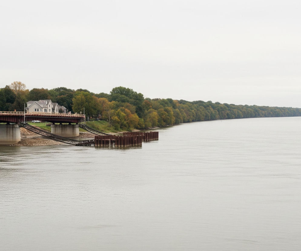Duża rzeka płynie przez centrum kadru, rozciągając się od lewej do prawej i zajmując dolną połowę obrazu. Wzdłuż lewego brzegu rzeki widać brązowy most z dwoma rzędami drewnianych belek na górze oraz betonowymi filarami podtrzymującymi konstrukcję. Na moście zaparkowanych jest kilka samochodów, a tuż za nim, po lewej stronie, stoją domy w jasnych kolorach z ciemnymi dachami, otoczone gęstymi drzewami o zielono-żółtych liściach. Na prawym brzegu, wzdłuż całej długości rzeki, rośnie pas zielonych drzew, a w oddali, pod zachmurzonym, jasnoszarym niebem, widoczny jest kolejny most.
