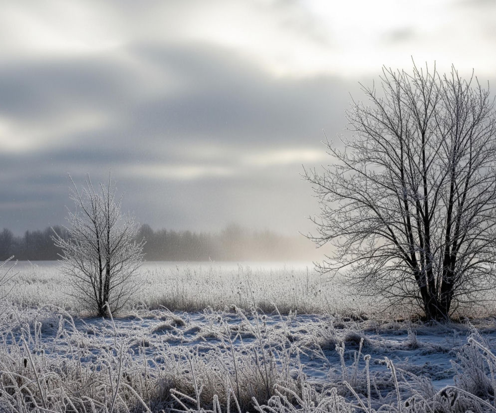 Mroźny, zimowy krajobraz przedstawia zasypane śniegiem i szronem pola pod pochmurnym, szarym niebem, z jaśniejszym obszarem w górnej prawej części kadru, sugerującym położenie słońca. Na pierwszym planie, w lewej części, rosną dwa mniejsze, ośnieżone drzewa z gołymi gałęziami, a na prawo od nich, pośrodku kadru, dominuje duże, rozłożyste drzewo, również pokryte szronem. Horyzont zamyka pas ciemnych drzew, a nad nimi unosi się mglista aura, zwłaszcza w centralnej części zdjęcia, gdzie drobne cząsteczki wydają się unosić w powietrzu.