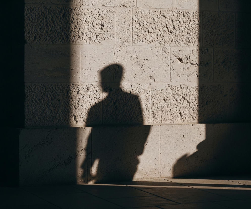 Na beżowej, kamiennej ścianie rzuca się wyraźny, ciemny cień postaci w płaszczu lub marynarce, zwróconej profilem w lewo. Ściana składa się z prostokątnych, nieregularnie teksturowanych bloków, a po prawej stronie widać fragment ciemnej, gładkiej kolumny. Słońce oświetla fragment ściany i podłogi, tworząc kontrastujące cienie i jasne pasy światła. Całość utrzymana jest w ciepłych, stonowanych barwach.