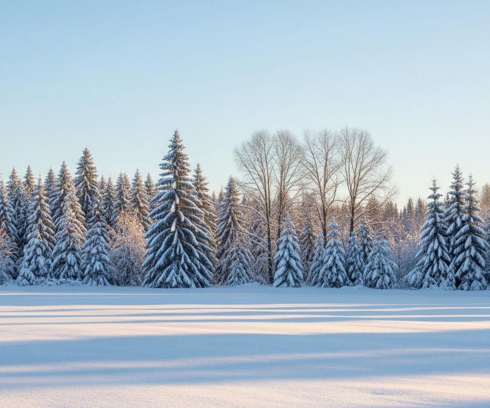 Zasłany śniegiem zimowy krajobraz ukazuje horyzont porośnięty lasem, składającym się głównie z pokrytych śniegiem drzew iglastych o ciemnozielonych gałęziach. Kilka nagich drzew liściastych ocienionych jest przez otaczający je las. Na pierwszym planie rozciąga się równomiernie biała, zasypana śniegiem przestrzeń, naznaczona długimi, równoległymi cieniami padającymi od lewej do prawej. Cienie w tle lasu są ciemnoniebieskie, natomiast wzdłuż górnej części horyzontu i na pierwszym planie śnieg ma lekko żółtawy odcień, wskazujący na nisko położone słońce. Bezchmurne, jasnoniebieskie niebo dominuje w górnej połowie obrazu.