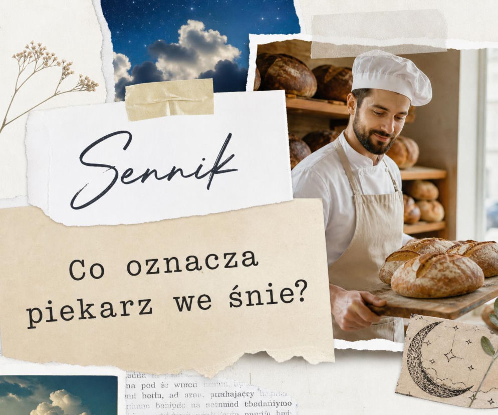 Piekarz trzymający deskę ze świeżym chlebem. Obok napis sennik. O znaczeniu snu o piekarzu przeczytasz na SE.