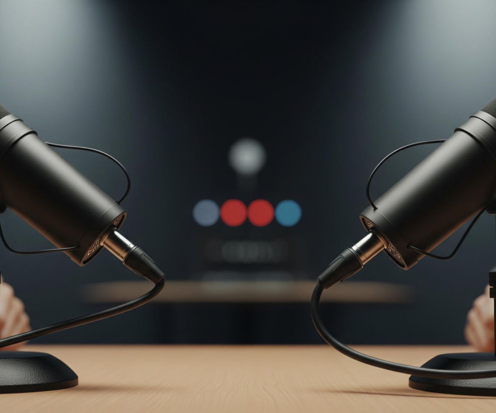 Dwa czarne mikrofony, zwrócone ku sobie, dominują centralną część kadru, ustawione na jasnobrązowym drewnianym blacie. Każdy mikrofon posiada gąbkową osłonę, metalowy korpus oraz kabel XLR biegnący w dół, podłączony do podstawy. Za mikrofonami, w rozmazanym tle, widoczne są kontury ciemnego pomieszczenia, z kilkoma rozświetlonymi punktami – białym, dwoma czerwonymi i dwoma niebieskimi. Po obu stronach stołu widać fragmenty rąk, sugerujące obecność dwóch osób. Nad mikrofonami padają dwa stożki światła z górnych reflektorów, oświetlając nieco górną część mikrofonów i tła.