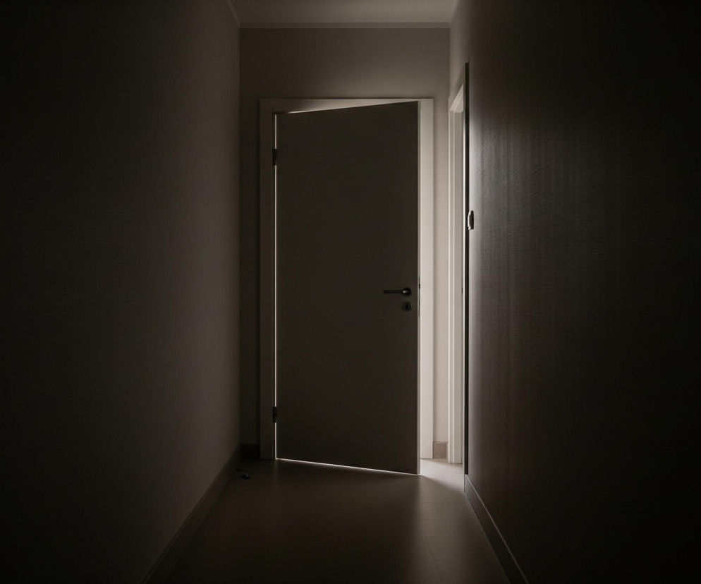 Długi, ciemny korytarz prowadzi do lekko uchylonych jasnych drzwi. Po obu stronach widoczne są ściany w ciemnym odcieniu szarości, z subtelną teksturą poziomych linii. Spomiędzy uchylonych drzwi wydobywa się intensywne, białe światło, które oświetla niewielki fragment podłogi w przedniej części obrazu, tworząc kontrast z otaczającą ciemnością.