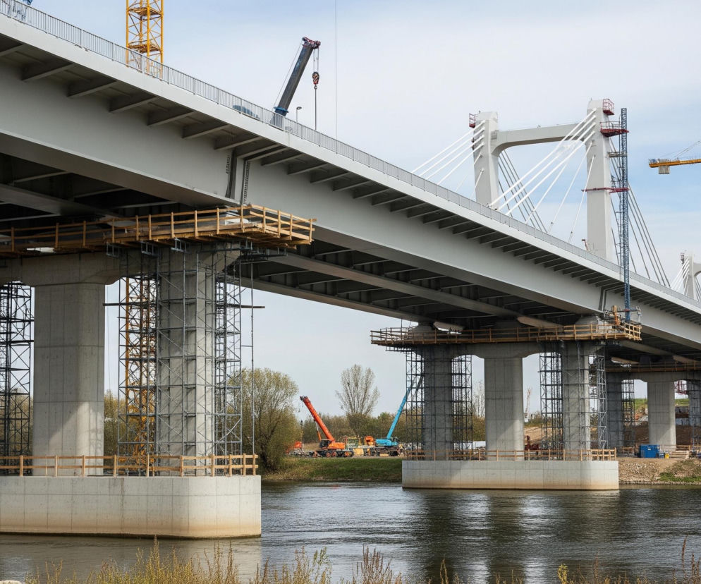 Duży, jasnoszary most jest w budowie nad szeroką, ciemnoniebieską rzeką, dominując centralną część kadru. Jego konstrukcja wspiera się na masywnych betonowych filarach, wokół których rozmieszczone są rusztowania i drewniane platformy. Na moście i w jego otoczeniu widoczne są dźwigi budowlane w żółtym, niebieskim i pomarańczowym kolorze oraz inne ciężkie maszyny, a także dwa białe pylony o strzelistych kształtach, z których rozciągają się białe liny podtrzymujące jezdnię mostu. Brzegi rzeki porośnięte są suchą trawą i zaroślami, a w tle widać kępę drzew o rzadkich liściach pod częściowo zachmurzonym, jasnym niebem.