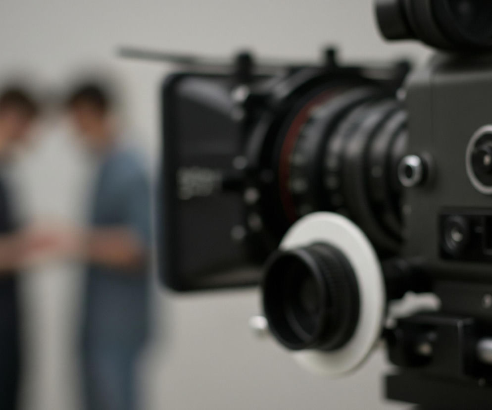 Ujęcie z bliska przedstawia profesjonalną kamerę filmową w ciemnoszarym kolorze, umieszczoną po prawej stronie kadru, z obiektywem i częścią korpusu ostro widoczną. Z przodu obiektywu znajduje się biały element przypominający tarczę. Na drugim planie, rozmyte, widoczne są dwie postaci ludzkie, mężczyźni, stojący naprzeciwko siebie, w jasnym pomieszczeniu. Lewy mężczyzna ubrany jest w ciemną koszulkę, a prawy w jasną, prawdopodobnie niebieską koszulę.