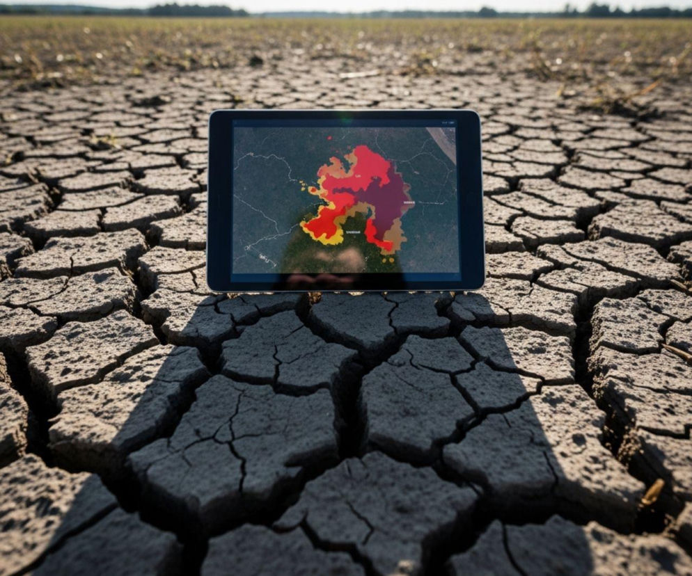 Tablet z mapą monitoringu suszy na popękanym, wyschniętym pastwisku symbolizuje nowe zasady szacowania strat od 2026 roku. Dane satelitarne i pomiary mają precyzyjniej oceniać szkody na łąkach, o czym przeczytasz na portalu Super Biznes.