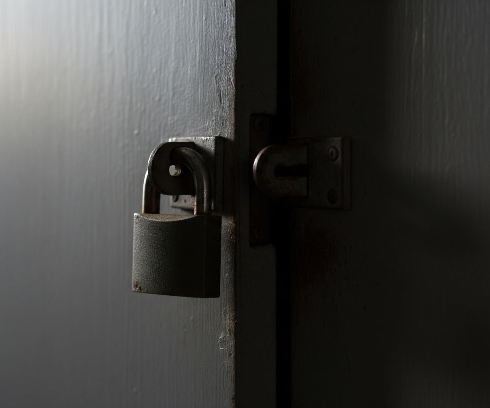 Na pierwszym planie, centralnie, widać solidną, metalową kłódkę w kolorze ciemnoszarym, z widocznymi śladami rdzy i zużycia, o lekko zaokrąglonym kształcie. Kłódka zamyka dwie części drewnianych drzwi lub futryny, które są ze sobą ściśle połączone. Po lewej stronie kłódki, powierzchnia drzwi jest jaśniejsza, przyjmując odcienie szarości i bieli, podczas gdy prawa strona pogrąża się w ciemności, tworząc kontrastowe cienie. Cała scena jest utrzymana w monochromatycznej palecie szarości, z dominującym efektem półmroku i subtelnym rozświetleniem po lewej stronie, podkreślającym teksturę drewna i metalu.