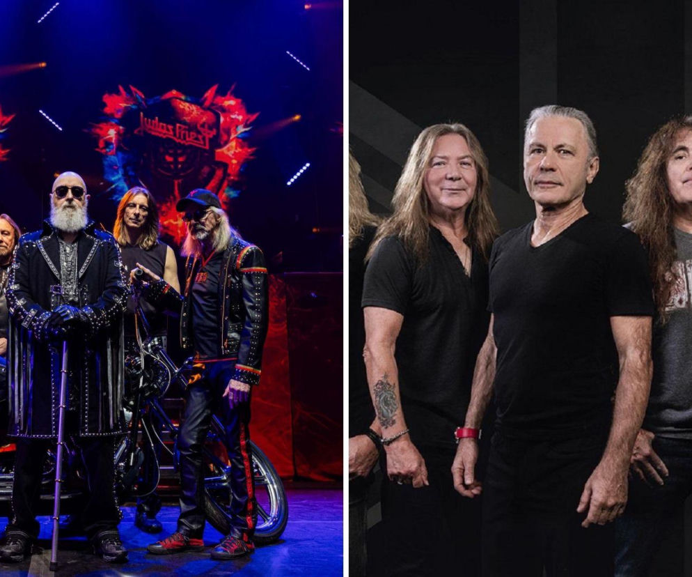 Zestawienie zdjęć zespołów Judas Priest na scenie z motocyklem i logo w tle oraz Iron Maiden pozujących na ciemnym tle. Artykuł na naszym portalu porównuje popularność tych kultowych grup heavy metalowych.