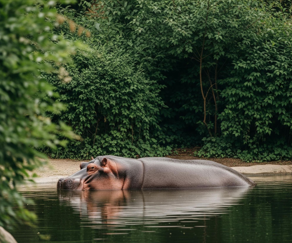 W centrum obrazu znajduje się hipopotam zanurzony w zielonkawej wodzie, z głową i częścią grzbietu wystającą ponad powierzchnię. Jego skóra ma odcienie szarości i brązu, a woda odbija otoczenie, tworząc fale i jasne refleksy. Na pierwszym planie, po lewej stronie, rozmyte zielone liście roślin zwisają w dół, a w tle widać gęste, ciemnozielone zarośla i drzewa tworzące ścianę roślinności. Tuż za hipopotamem znajduje się piaszczysty, beżowy brzeg zbiornika wodnego.