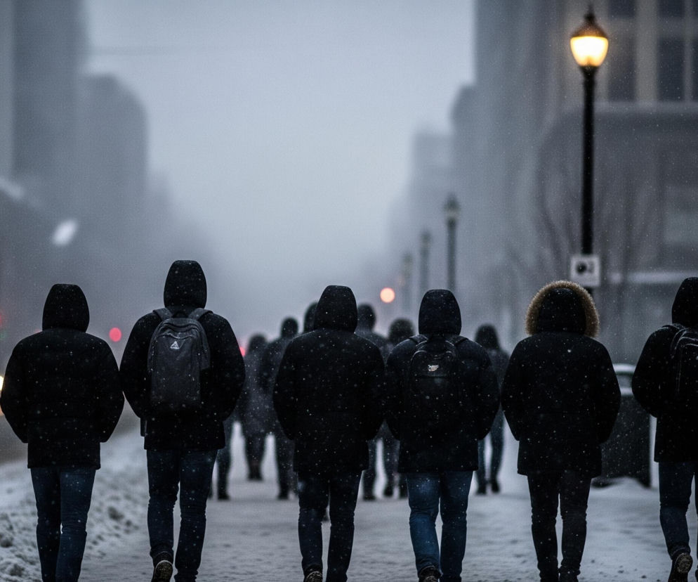 Na ulicy pokrytej śniegiem idzie grupa ludzi w czarnych, grubych kurtkach z kapturami, widocznych od tyłu. Trzy osoby w centrum mają na sobie plecaki, z czego na jednym wyraźnie widać logo Adidas. Po prawej stronie drogi stoją słupy z latarniami, a jedna z nich świeci jasnożółtym światłem. Na lewym skraju obrazu widoczne są światła samochodów: czerwone, pomarańczowe i białe, w oddali majaczą zarysy budynków.