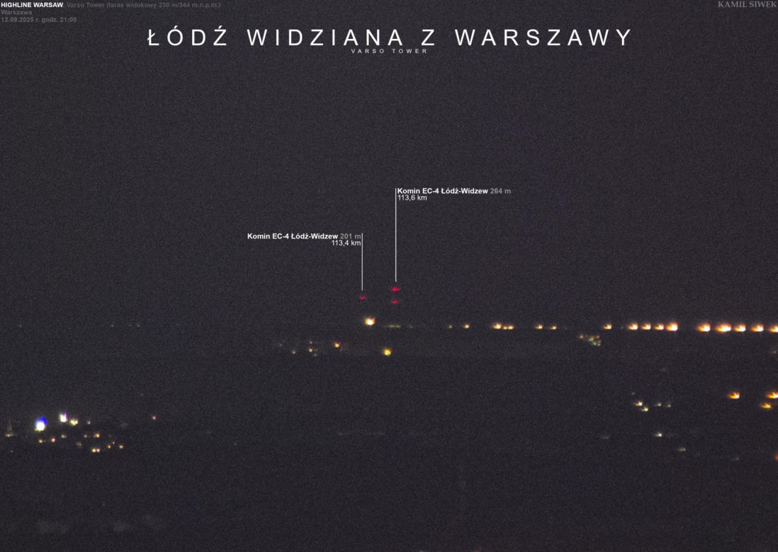 Kominy w Łodzi widziane z Warszawy