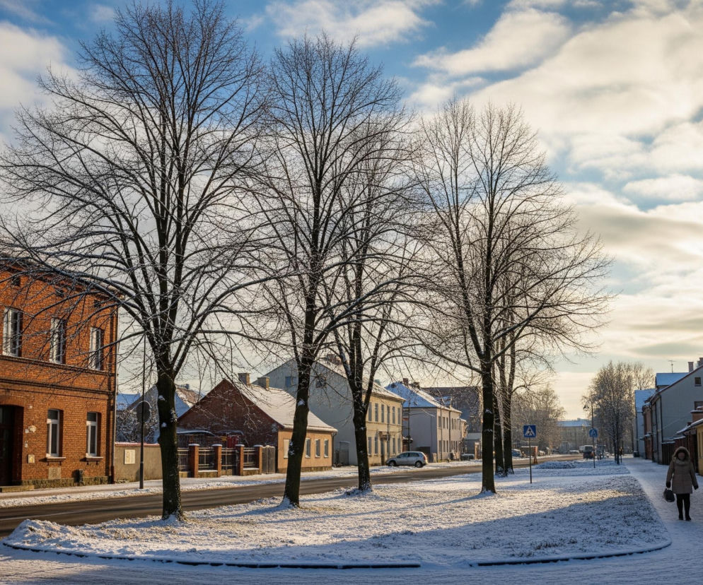 Ulica w zimowy dzień, z błękitnym niebem częściowo zasłoniętym puszystymi, białymi chmurami. Po lewej stronie dominuje dwupiętrowy budynek z czerwonej cegły z wieloma oknami, niektóre z parapetami pokrytymi śniegiem, i lampą uliczną przed nim. Wzdłuż ulicy rozmieszczone są cztery wysokie, bezlistne drzewa, ich gałęzie posypane delikatnym śniegiem, a trawniki pod nimi całkowicie pokryte białym puchem. Po prawej stronie zdjęcia idzie postać w zimowej kurtce z futrzanym kapturem, po pokrytym śniegiem chodniku, obok rzędu białych budynków.