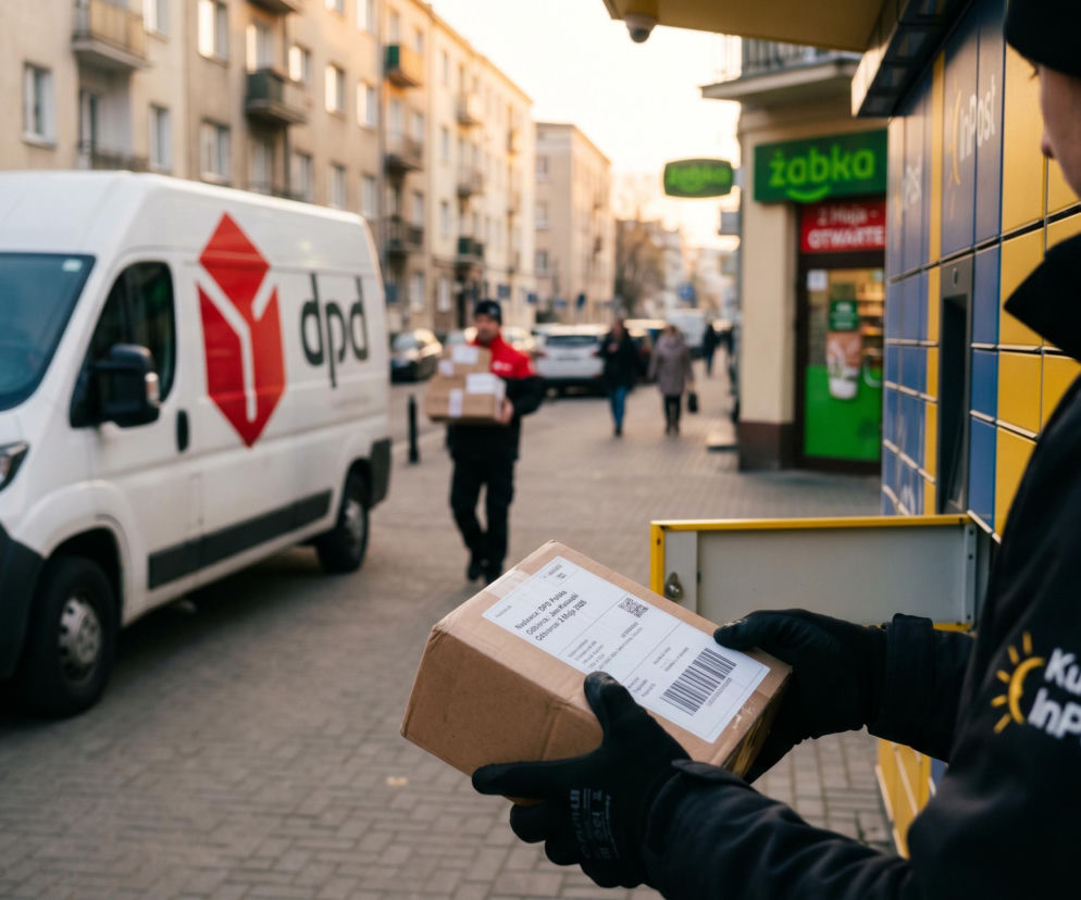 Kurier InPost z paczką stoi przy Paczkomacie, a w tle widać furgonetkę DPD i kuriera niosącego przesyłki. To ilustracja informacji, czy kurierzy pracują w majówkę 2026. Szczegóły znajdziesz na Super Biznes.