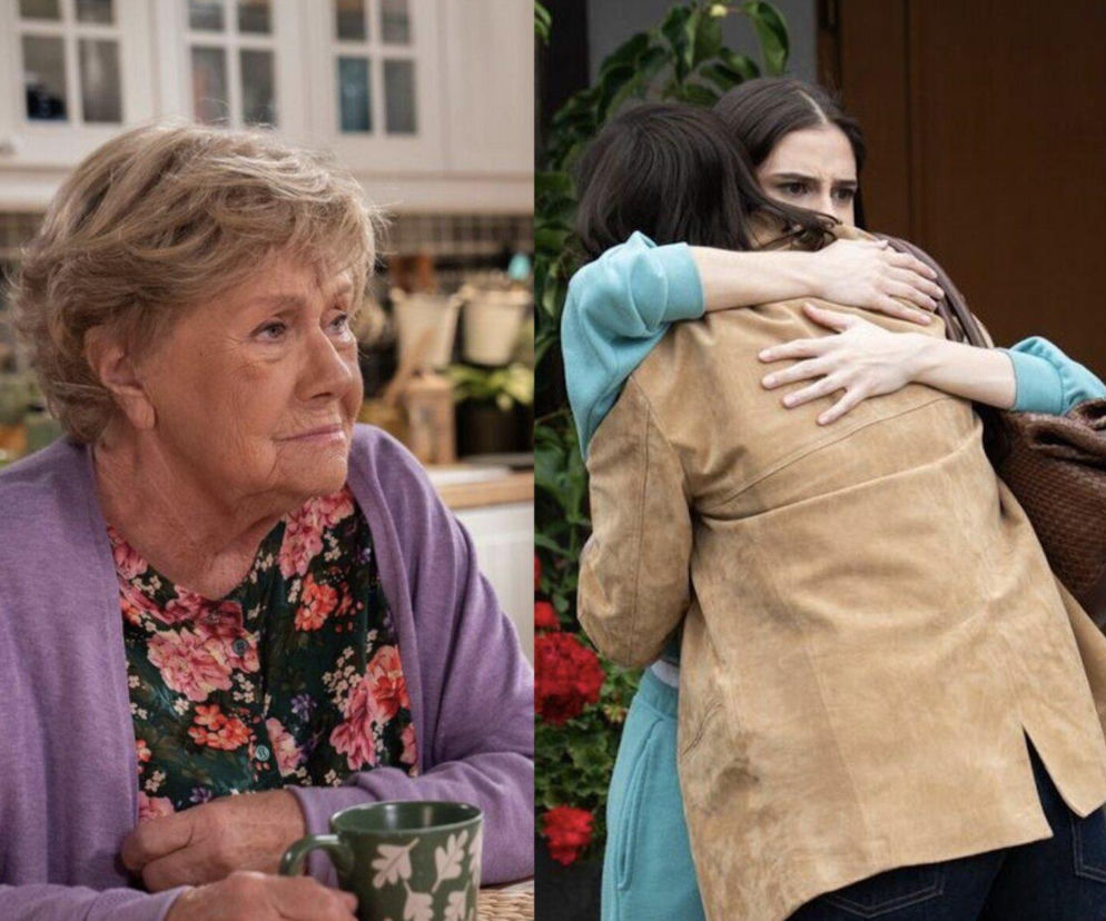 Kolaż dwóch scen z M jak miłość: z lewej Barbara Mostowiak w fioletowym swetrze i kwiecistej bluzce z kubkiem w dłoni, z prawej dwie kobiety, Basia i Agnes, przytulające się na tle zieleni i czerwonych kwiatów. Więcej o ich losach na stronie Super Seriale.