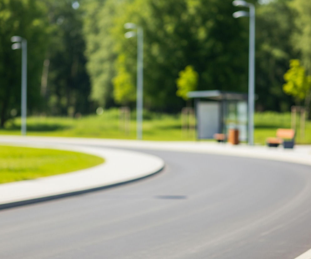 Asfaltowa droga o ciemnoszarym odcieniu zakręca w prawo, dominując dolną część kadru. Po lewej stronie drogi rozciąga się zielony trawnik, na którym rosną młode drzewa z jasnozielonymi liśćmi, wsparte na drewnianych palikach. Po prawej stronie drogi wije się chodnik wyłożony jasnymi płytami, który również zakręca w prawo.

W tle, za trawnikiem i chodnikiem, widoczne są liczne, rozmyte drzewa o intensywnie zielonych liściach, tworzące gęstą zieleń. Na całej długości drogi i chodnika rozmieszczone są wysokie, pionowe słupy oświetleniowe z poziomymi ramionami na górze. Po prawej stronie w oddali znajduje się niewyraźny przystanek autobusowy z wiatą i kilkoma ławkami. Całość obrazu jest nieostra, co daje efekt płytkiej głębi ostrości.