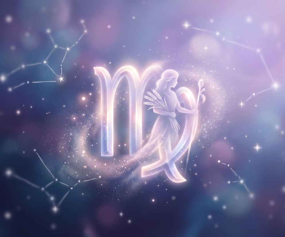 Świecący symbol zodiakalnej Panny na tle gwieździstego nieba. O horoskopie dla Panny przeczytasz w Eska.