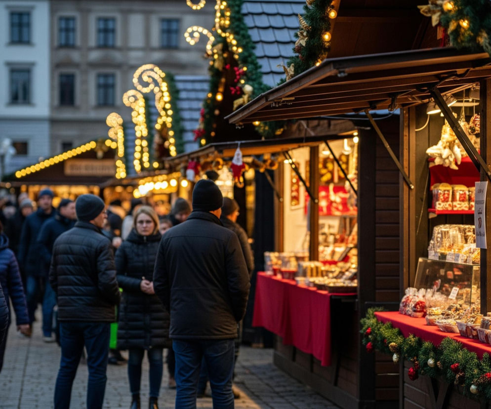 Uliczny targ o zmierzchu, wypełniony straganami z drewnianymi budkami. Po prawej stronie, na pierwszym planie, widać stoisko z rozłożonym czerwonym obrusem i udekorowane zielonymi gałązkami z czerwonymi owocami i złotymi bombkami. Na stoisku, za szklanymi witrynami, leżą liczne, pakowane słodycze, ciastka i pieczywo, a sprzedawca obsługuje klienta. W tle, na środku obrazu, przechadza się tłum ludzi, a nad straganami błyszczą jaskrawożółte, świąteczne dekoracje świetlne w kształcie falistych spiral i drzewek. Budynki w oddali są słabo oświetlone, ukazując ciemnoniebieskie okna na jasnych elewacjach.