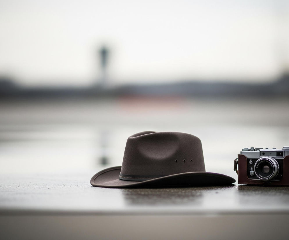 Na pierwszym planie, lekko na lewo od centrum, leży ciemnobrązowy filcowy kapelusz z rondem, posiadający trzy otwory wentylacyjne po jednej stronie i ciemniejszą opaskę wokół podstawy korony. Obok kapelusza, po prawej stronie, znajduje się klasyczny aparat fotograficzny w stylu retro, częściowo osłonięty brązowym skórzanym pokrowcem, z ciemnobrązowym skórzanym paskiem leżącym obok. Oba przedmioty spoczywają na szarej, lekko błyszczącej powierzchni, prawdopodobnie mokrej, rozciągającej się w głąb obrazu. Tło jest rozmyte, z widocznymi ciemnymi, niewyraźnymi sylwetkami budynków lub drzew pod jasnym, mglistym niebem, w centrum którego delikatnie rysuje się pojedyncza, wysoka, rozmazana sylwetka.