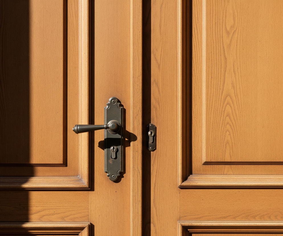 Pośrodku kadru znajduje się brązowy, podwójny drewniany panel drzwiowy z widocznym usłojeniem. Lewa część drzwi jest w większości zacieniona, z ostrym, pionowym cieniem na jej lewej krawędzi. Na lewym panelu drzwi, nieco na prawo od środka, znajduje się ciemna, metalowa klamka z zamkiem, rzucająca wyraźny cień na powierzchnię drewna. Prawy panel drzwi jest jaśniejszy i oświetlony, z mniejszym, ciemnym otworem na klucz pośrodku. Oba panele posiadają ozdobne, wpuszczane ramy.