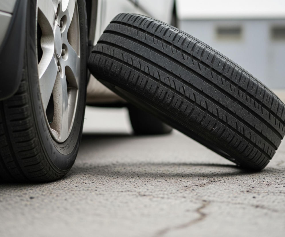 Na pierwszym planie, z prawej strony, leży czarna opona z wyraźnym bieżnikiem, przechylona pod kątem na szarym, asfaltowym podłożu. Po lewej stronie widoczna jest część jasnego samochodu z kołem wyposażonym w srebrną felgę i czarną oponę. W tle, niewyraźne, szare elementy budynku z dwoma prostokątnymi otworami zarysowują się na jaśniejszym, rozmytym tle.