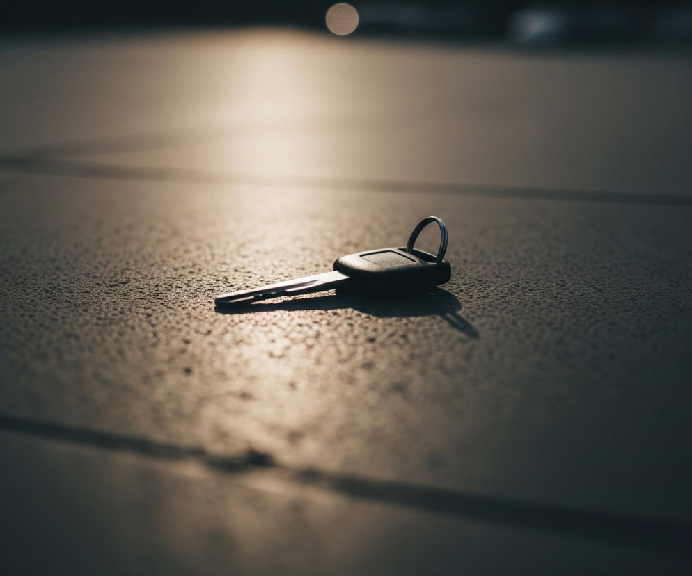 Na ciemnej, szorstkiej powierzchni leży pojedynczy kluczyk samochodowy, skierowany ostrzem w lewo. Kluczyk ma czarną, prostokątną obudowę z owalnym pierścieniem na klucze po prawej stronie. Promień światła pada na kluczyk i powierzchnię, tworząc wyraźny cień po jego prawej stronie i oświetlając drobne kropelki lub nierówności na powierzchni. Tło jest rozmyte, ciemniejsze, z jaśniejszym, rozproszonym punktem światła w górnej części.