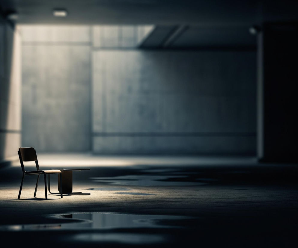 Na pierwszym planie, z lewej strony, stoi samotne, ciemne krzesło o prostej konstrukcji, z metalowym stelażem i drewnianym siedziskiem oraz oparciem, oświetlone jasnym, owalnym blaskiem na podłodze. Obok krzesła, częściowo zakryty cieniem, leży mały prostokątny przedmiot, być może stół lub ławka. Podłoże jest ciemne i poprzecinane kałużami odbijającymi światło. W tle rozciąga się przestronne, betonowe pomieszczenie lub przejście, z widoczną w oddali, rozmazaną ścianą o szarym odcieniu i fragmentem sufitu, a także ciemniejszymi obszarami z prawej strony.