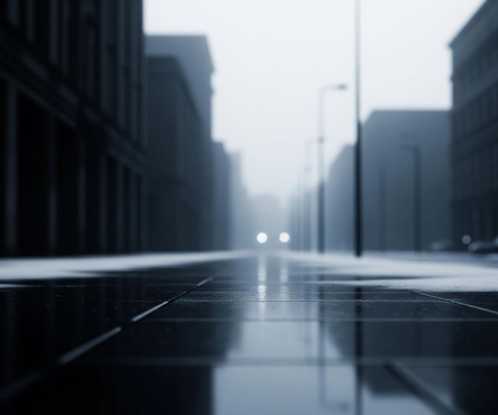 Brukowa droga z czarnych płyt pokrytych wilgocią lub cienką warstwą lodu zajmuje większą część kadru. Po lewej stronie w oddali widoczne są zarysy budynków, a po prawej stronie, bliżej obserwatora, stoi słup oświetleniowy, z kolejnymi słupami i niewyraźnymi budynkami w tle. Na końcu drogi, w centrum obrazu, świecą dwie okrągłe, białe lampy. Całość utrzymana jest w chłodnej tonacji szarości i błękitu, z wyraźnymi odbiciami światła na mokrej nawierzchni.