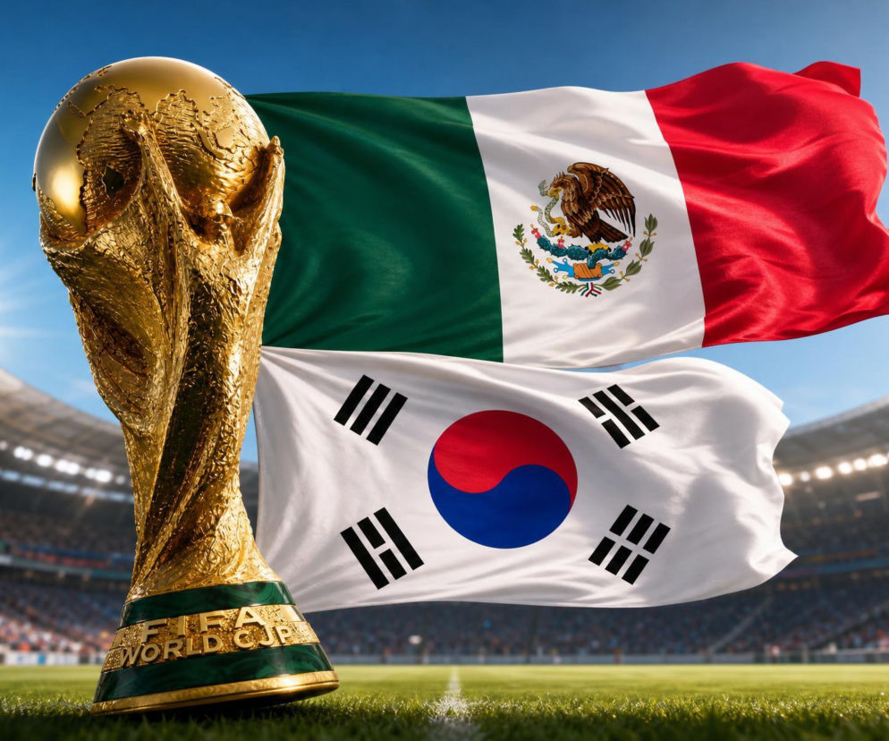 Trofeum Pucharu Świata FIFA na tle flag Meksyku i Korei Południowej, powiewających nad stadionem piłkarskim, symbolizujące mecz Mundialu 2026. Pełne statystyki i składy drużyn znajdziesz na naszym portalu.