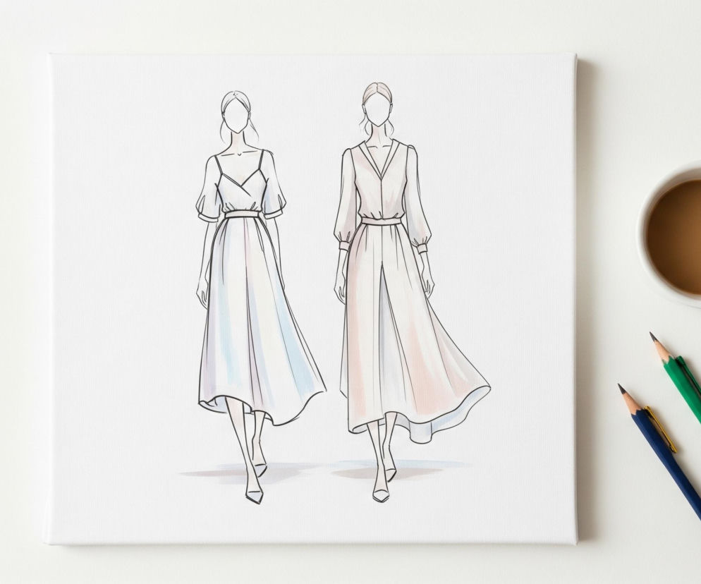 Na białym tle leży prostokątne płótno z rysunkami dwóch postaci kobiecych w sukienkach. Postać po lewej ma na sobie białą sukienkę z rozkloszowanym dołem i krótkimi rękawkami, natomiast postać po prawej ubrana jest w sukienkę o długich rękawach i V-necku, w delikatnych odcieniach różu. Obok płótna, w prawym górnym rogu, stoi biała filiżanka z kawą z mlekiem, a pod nią leżą dwa ołówki: jeden granatowy ze złotą skuwką i jeden zielony ze srebrną skuwką.