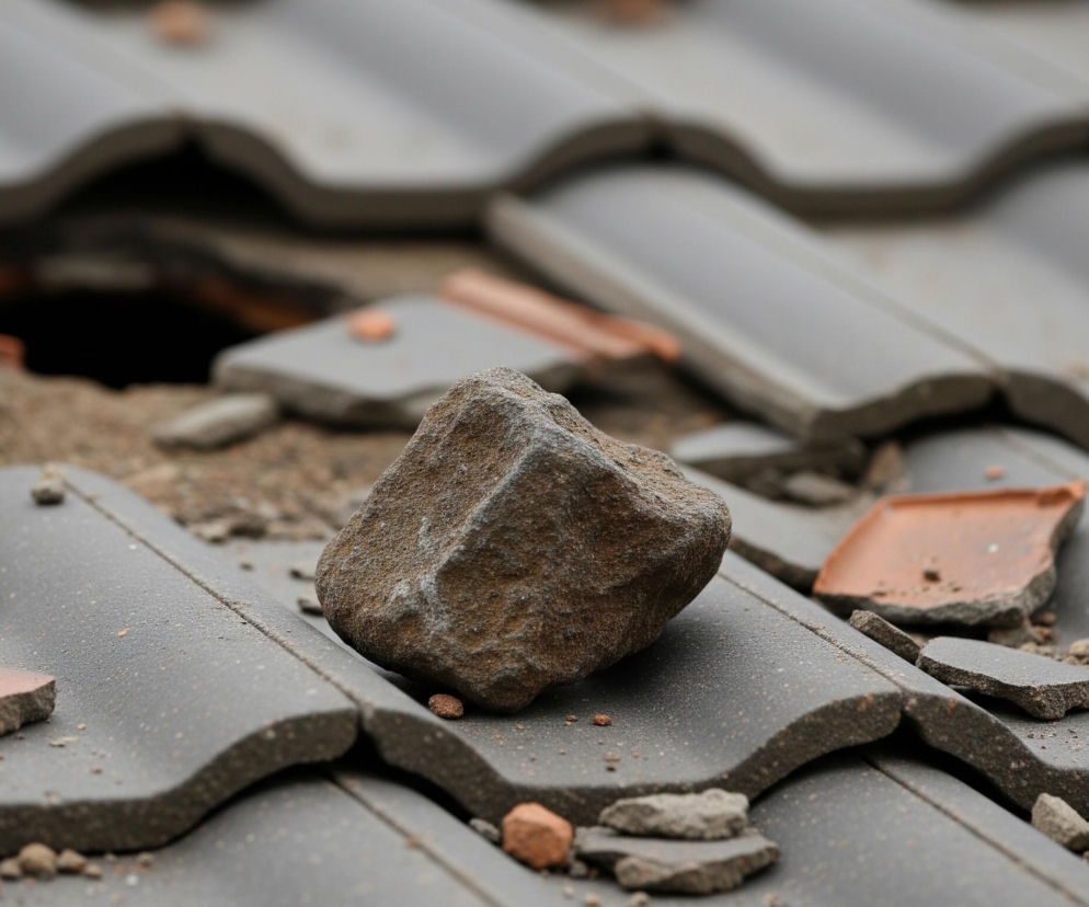 Na pierwszym planie, centralnie, leży duży, nieregularny, brązowo-szary kamień na ciemnoszarej dachówce. Wokół niego, oraz na dalszych dachówkach, rozsypane są liczne drobne okruchy i kawałki potłuczonych dachówek, niektóre z nich mają czerwonobrązowe powierzchnie. Dachówki, ułożone w rzędach, są ciemnoszare i mają charakterystyczny falisty kształt. W górnej części obrazu, pomiędzy dachówkami, widoczna jest ciemna, pusta przestrzeń, sugerująca ubytek.