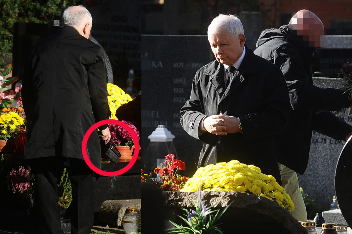 Prezes Kaczyński z miotełką na grobach