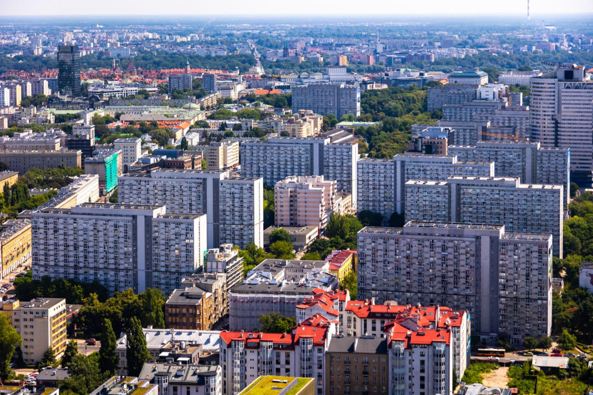 Skyline Warszawy. Widok 40.piętra z The Bridge na Woli