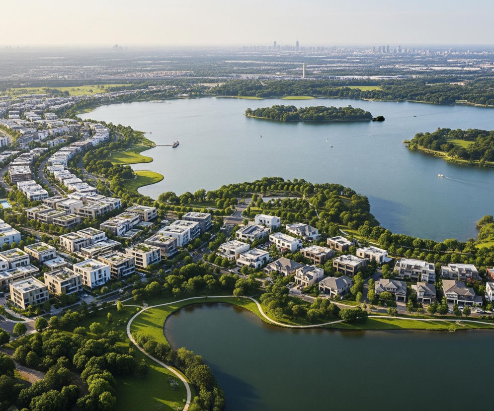 Ptasie oko ukazuje rozległy, pagórkowaty krajobraz z dużym jeziorem i osiedlem mieszkalnym na pierwszym planie. Nowoczesne domy z płaskimi dachami, w odcieniach bieli, szarości i beżu, rozmieszczone są wzdłuż krętych ulic, otoczone zielonymi trawnikami i gęstymi drzewami. Po lewej stronie widać basen z błękitną wodą oraz mniejszą zatokę z kilkoma zacumowanymi łodziami. Jezioro, o błękitno-szarej barwie, rozciąga się w głąb kadru, z dwiema zalesionymi wyspami, na których widać pojedyncze drzewa. W oddali, na horyzoncie, rozciąga się panorama miasta z licznymi wysokimi budynkami.