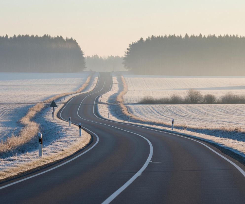 Asfaltowa droga wijąca się łagodnymi zakrętami dominuje w centrum obrazu, prowadząc w głąb perspektywy i delikatnie wznosząc się. Po obu stronach drogi rozciągają się pola pokryte szronem, mieniące się w blasku światła o ciepłym, złotawym odcieniu, które podkreśla ich nierówną, pofalowaną teksturę. Horyzont wyznacza ciemny las iglasty, częściowo zasłonięty przez lekką mgłę, która tworzy efekt rozmycia i dodaje głębi scenie. Na poboczach drogi widoczne są białe słupki drogowe z czarnymi, odblaskowymi elementami, a także suche trawy i krzewy.