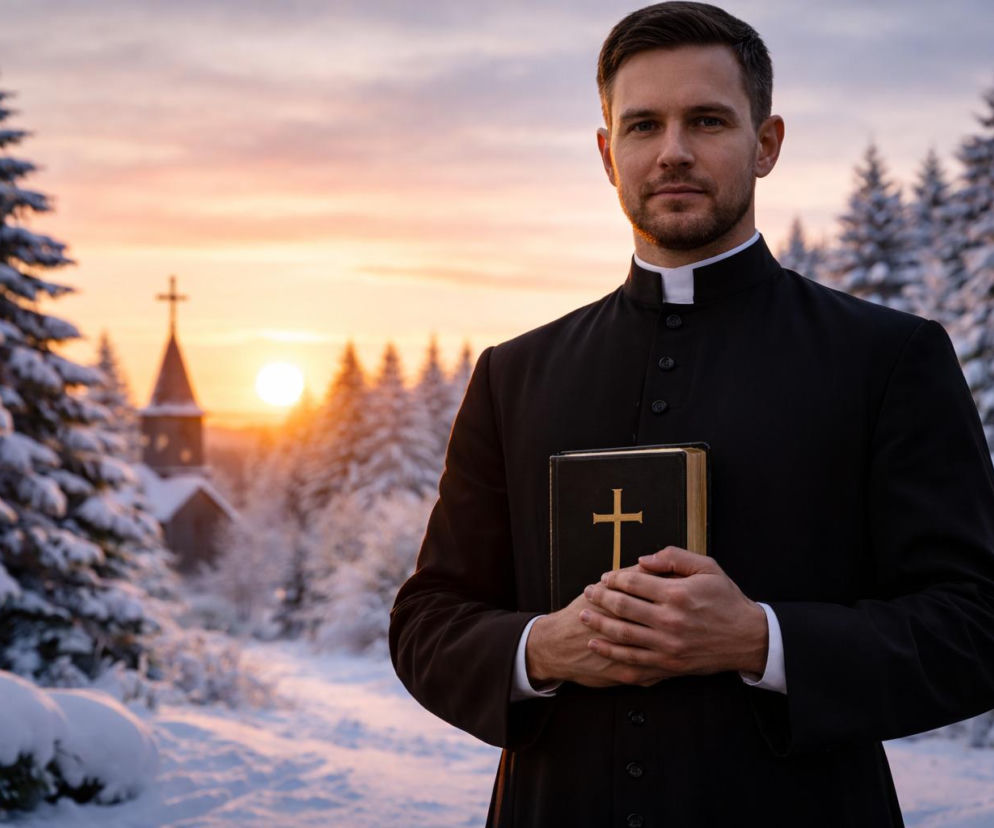 Ksiądz w zimowym krajobrazie