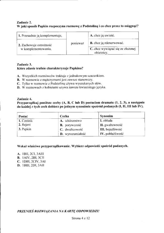 EGZAMIN GIMNAZJALNY 2012, JĘZYK POLSKI - ARKUSZE, PYTANIA, ODPOWIEDZI - TEST GIMNAZJALNY 2012 JEZYK POLSKI