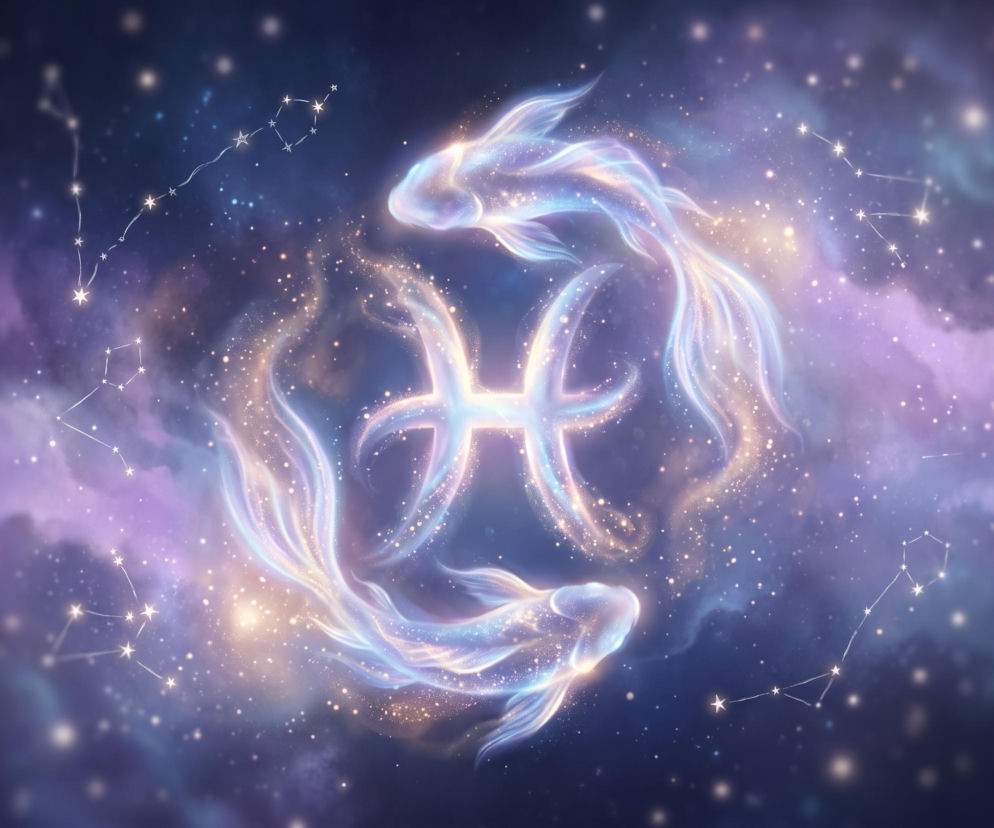 Zodiakalny symbol Ryb otoczony przez dwie mityczne ryby na tle kosmosu. O horoskopie dla Ryb przeczytasz na Eska.