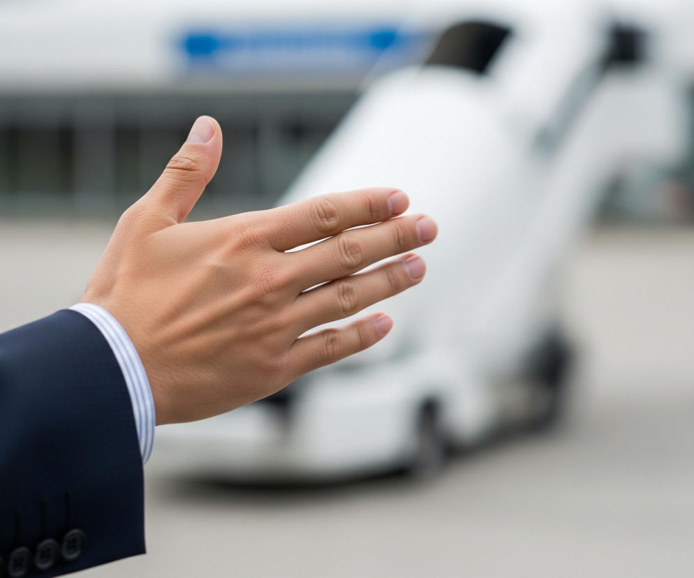 Na pierwszym planie widoczna jest męska dłoń i przedramię, wyciągnięte w prawo. Dłoń jest otwarta, a palce lekko rozstawione, w kolorze jasnego beżu. Rękaw ciemnoniebieskiej marynarki jest dobrze widoczny na przedramieniu, z biało-niebieskim paskowanym mankietem koszuli wystającym spod spodu. Tło jest rozmyte, z niewyraźnym białym pojazdem na środku i rozmytą postacią człowieka po prawej stronie, obok czegoś co wygląda na schody samolotu. Całość sugeruje scenę na lotnisku lub przy podobnym terminalu.