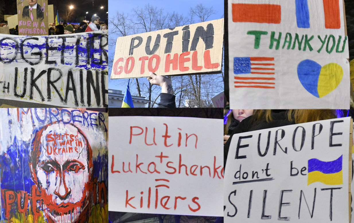 Transparenty na antyrosyjskich protestach