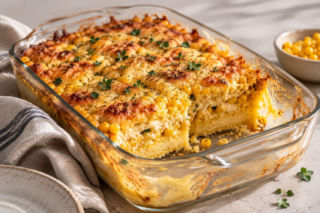 Kukurydziane „tiramisu” na słono – warstwowa zapiekanka z polenty, kukurydzy i sera. 