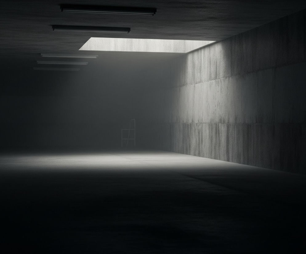 Ciemne, betonowe pomieszczenie z rzędem podłużnych lamp fluorescencyjnych na suficie, widocznych po lewej stronie. Centralnie na suficie znajduje się kwadratowy otwór, z którego wpada jasne światło, tworząc smugę światła na podłodze i prawym murze. W tle, częściowo zacieniony, stoi prosty, geometryczny obiekt przypominający szkielet krzesła. Ściany i podłoga mają szorstką, ziarnistą teksturę, co potęguje surowy charakter wnętrza.