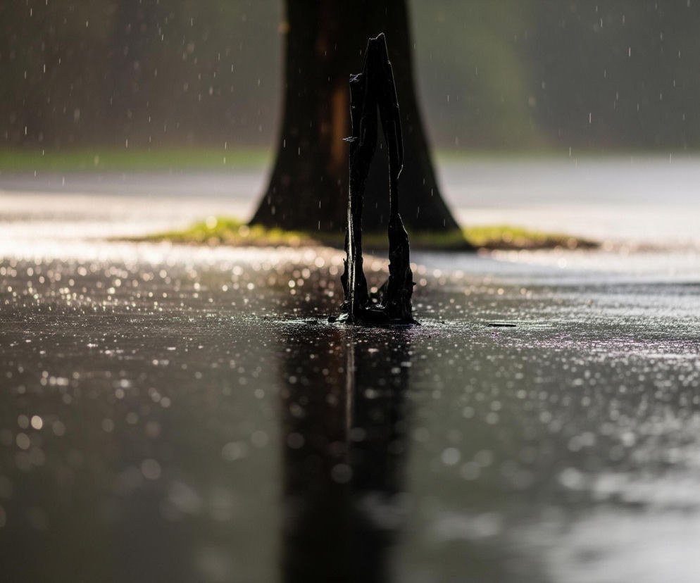 Na pierwszym planie, w centralnej części, z ciemnej, lśniącej tafli wody wystaje czarny, postrzępiony obiekt przypominający kawałek drewna lub gałęzi. Powierzchnia wody jest pokryta licznymi, jasnymi refleksami światła, tworzącymi efekt bokeh, co wskazuje na padające krople deszczu i rozmyte odbicia. W tle, za obiektem na wodzie, widoczny jest pień drzewa o ciemnobrązowej barwie, otoczony niewielką, zieloną kępą trawy, wszystko w rozmazanym świetle. Deszcz, przedstawiony jako drobne, jasne linie, spada z góry w dół, przechodząc przez cały kadr.