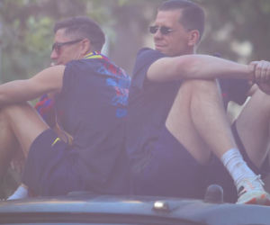 Robert Lewandowski i Wojciech Szczęsny na fecie Barcelony