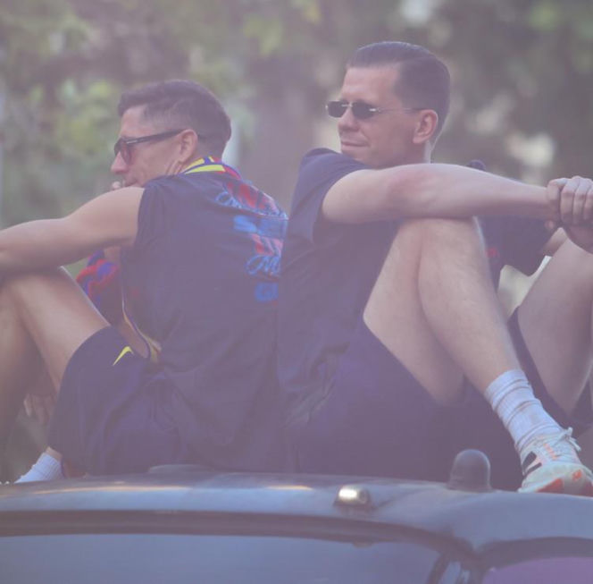 Robert Lewandowski i Wojciech Szczęsny na fecie Barcelony
