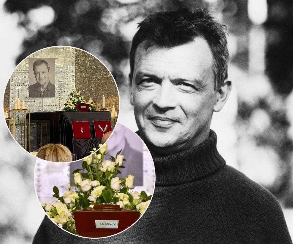 Aktor Jan Frycz. Obok, na dwóch miniaturach, urna z białymi różami na jego pogrzebie. O pożegnaniu przeczytasz na SE.