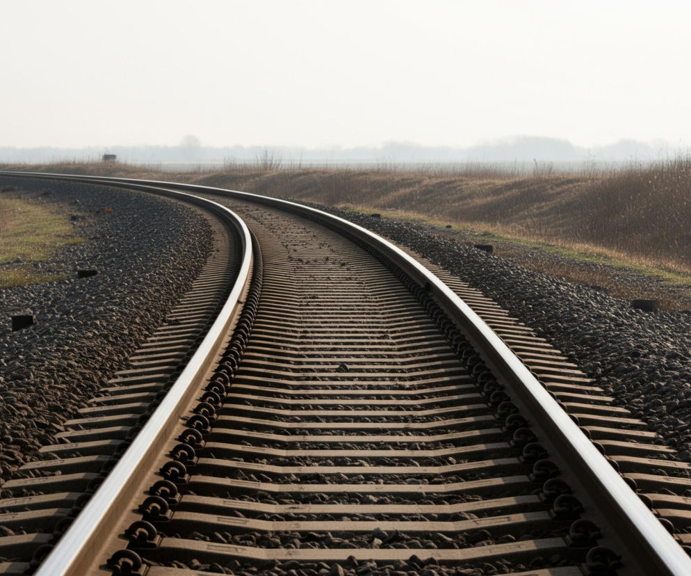 Tor kolejowy, składający się z dwóch srebrzystych szyn ułożonych na drewnianych podkładach, rozciąga się od dołu obrazu, zakręcając w lewo i znikając w oddali. Szyny są osadzone w warstwie ciemnego żwiru, który rozpościera się na boki, tworząc szeroki pas biegnący wzdłuż torów. Po obu stronach żwiru widoczne są brązowe, wysuszone trawy i krzewy, a dalej w tle, pod jasnym, zamglonym niebem, rozciąga się pasmo drzew i lasu, także w odcieniach brązu i szarości.