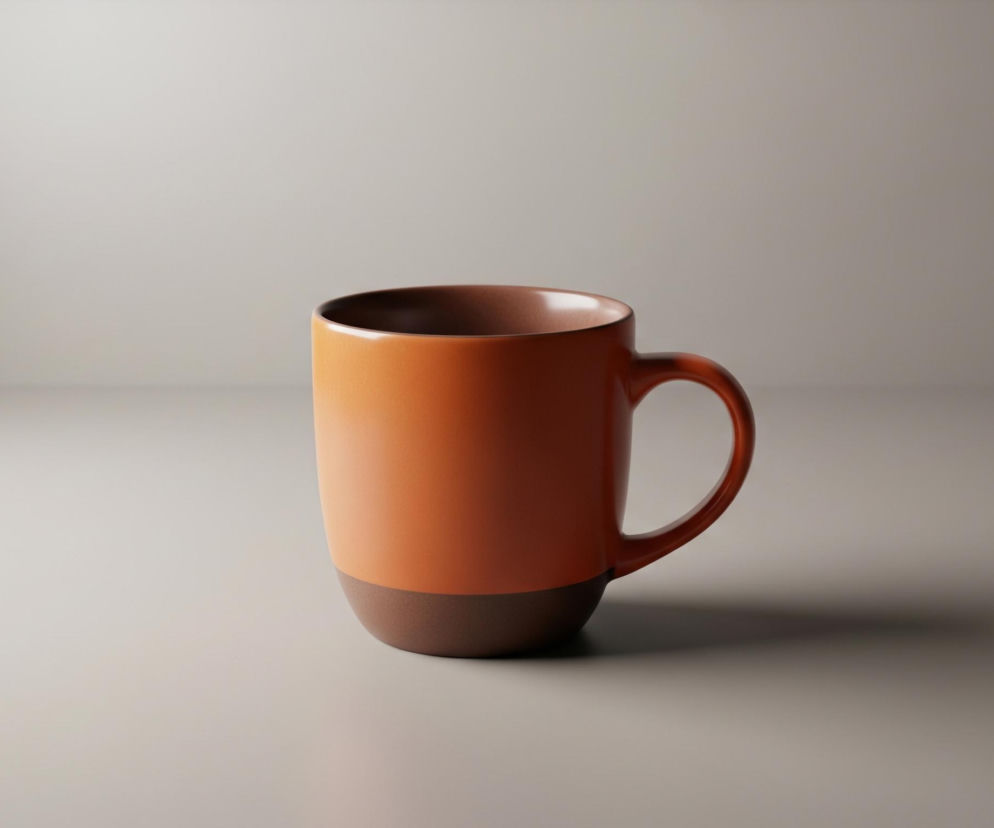 Centralnie umieszczony jest duży kubek ceramiczny z uchem, wykonany z dwóch kontrastujących kolorów. Górna część kubka jest intensywnie pomarańczowa, natomiast dolna część i wnętrze mają ciemnobrązowy odcień. Kubek stoi na jasnobeżowej, gładkiej powierzchni, która płynnie przechodzi w pionową ścianę w tle, tworząc minimalistyczne studio. Światło padające z lewej strony podkreśla błyszczące refleksy na pomarańczowej ceramice i rzuca delikatny cień za kubkiem, na ścianie i blacie.